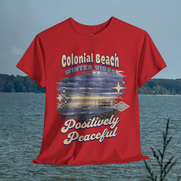 Colonial Beach Winter Vibes red t-shirt hanging with serene waterscape background