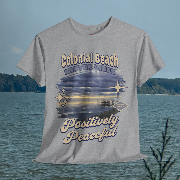 Colonial Beach Winter Vibes sport grey t-shirt hanging in front of a river scene