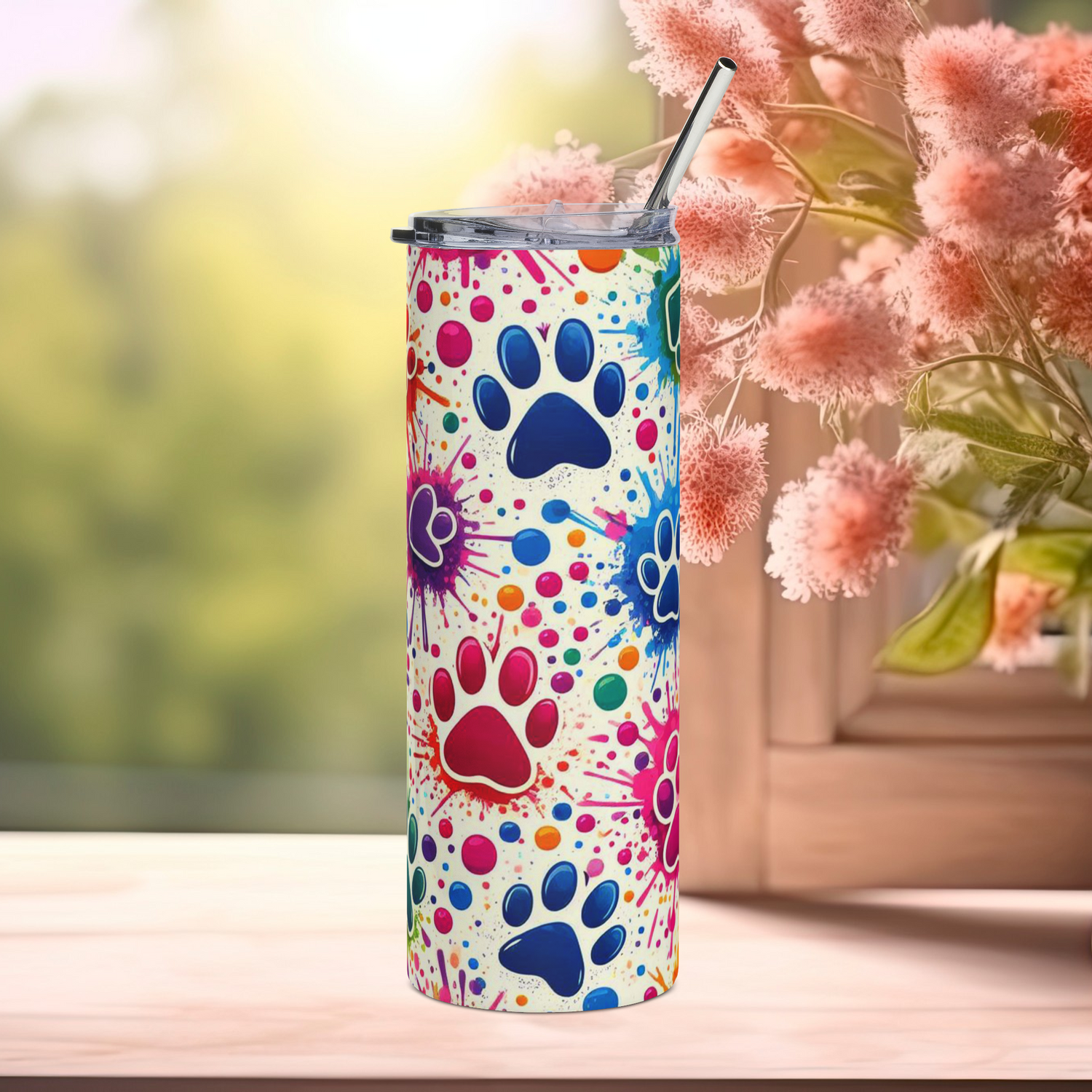 Front view of Color Splash Paw Print 20oz stainless steel tumbler with rainbow paw prints and paint splatter design – eco-friendly pet lover drinkware by Peaceful Nature Designs