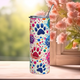 Front view of Color Splash Paw Print 20oz stainless steel tumbler with rainbow paw prints and paint splatter design – eco-friendly pet lover drinkware by Peaceful Nature Designs