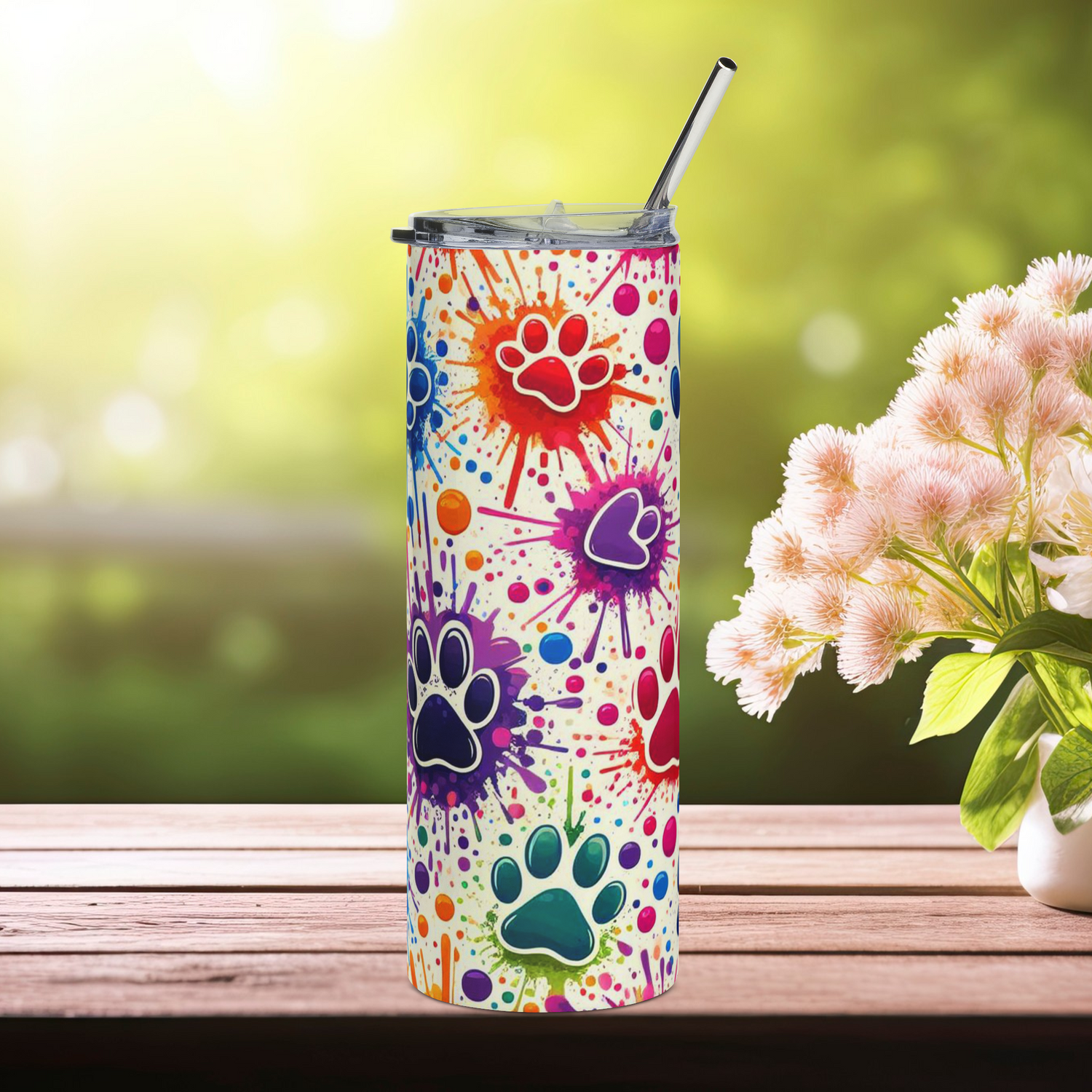 Left side of Color Splash Paw Print 20oz stainless steel tumbler featuring colorful paw prints and splatter art – insulated pet tumbler for dog and cat lovers