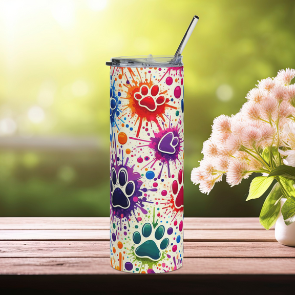 Left side of Color Splash Paw Print 20oz stainless steel tumbler featuring colorful paw prints and splatter art – insulated pet tumbler for dog and cat lovers