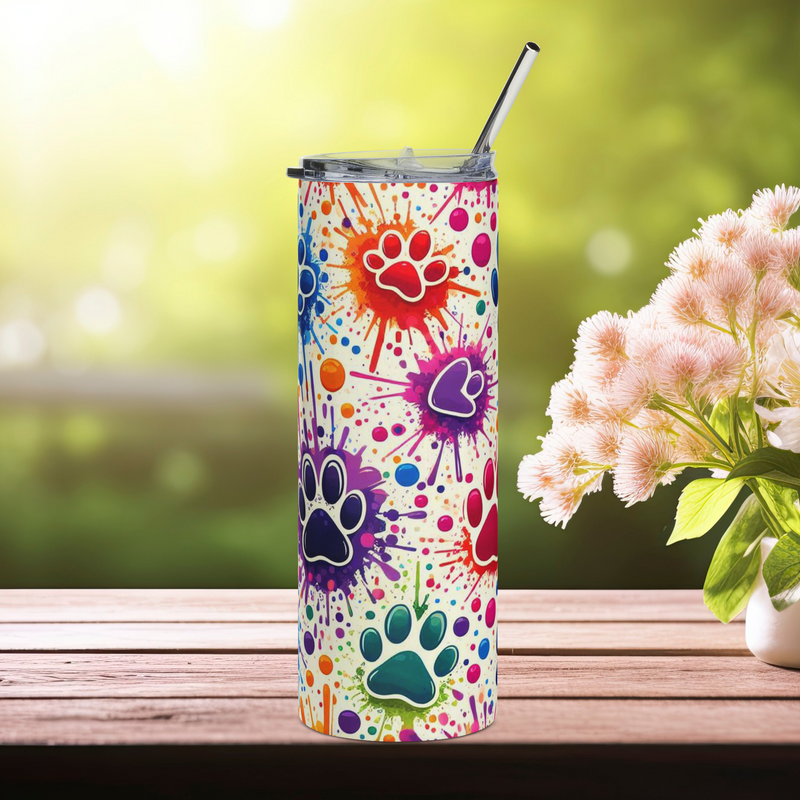 Left side of Color Splash Paw Print 20oz stainless steel tumbler featuring colorful paw prints and splatter art – insulated pet tumbler for dog and cat lovers