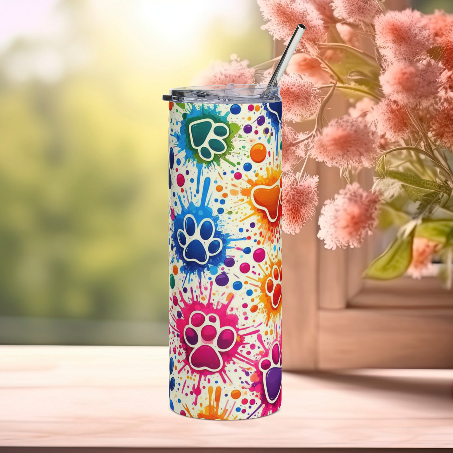 Right side view of vibrant Color Splash Paw Print 20oz stainless steel tumbler with multicolor paw prints – premium insulated tumbler for animal lovers