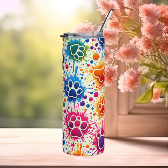 Right side view of vibrant Color Splash Paw Print 20oz stainless steel tumbler with multicolor paw prints – premium insulated tumbler for animal lovers