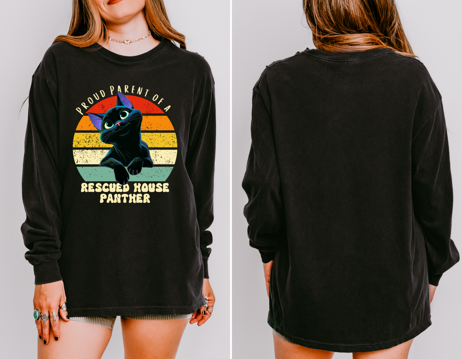 Woman wearing a Comfort Colors 6014 long-sleeve t-shirt featuring a retro sunset design and a black “rescued house panther” cat illustration, shown from the front and back