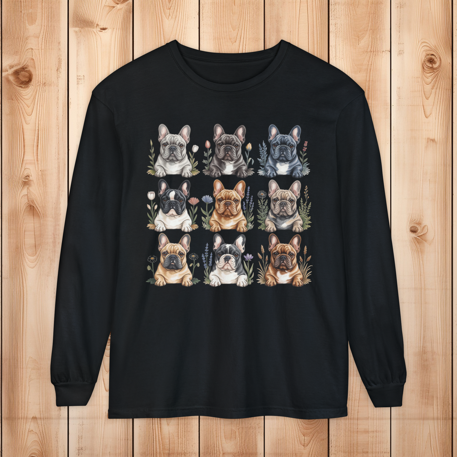 Black Comfort Colors long sleeve shirt with watercolor French Bulldogs in a floral cottagecore design.