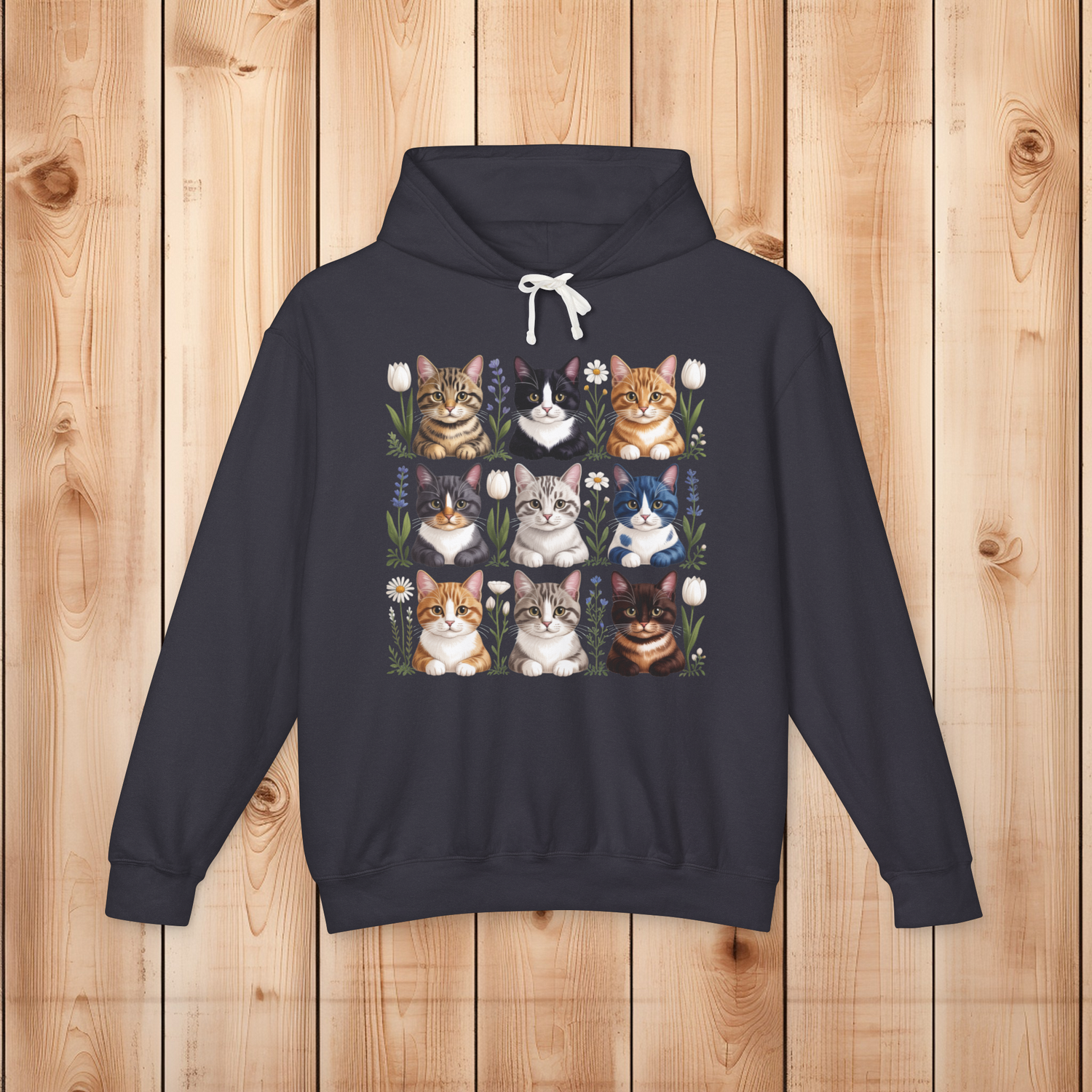 Cottagecore Cats Hoodie in Black on Comfort Colors 1467 featuring nine floral cottagecore cats printed in a whimsical grid design