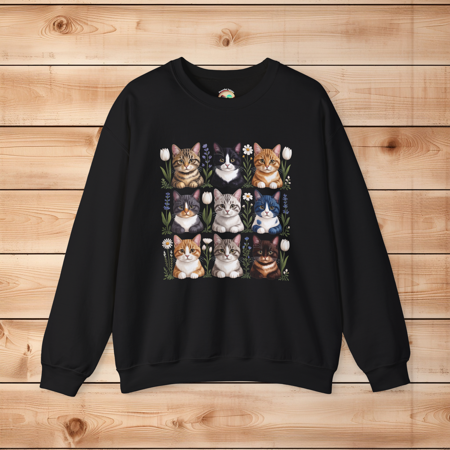 Black sweatshirt featuring nine cottagecore cats surrounded by flowers