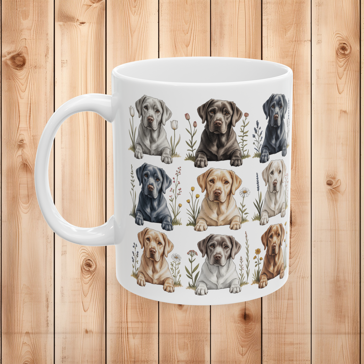 Cottagecore Labrador Retriever ceramic mug with floral dog illustration