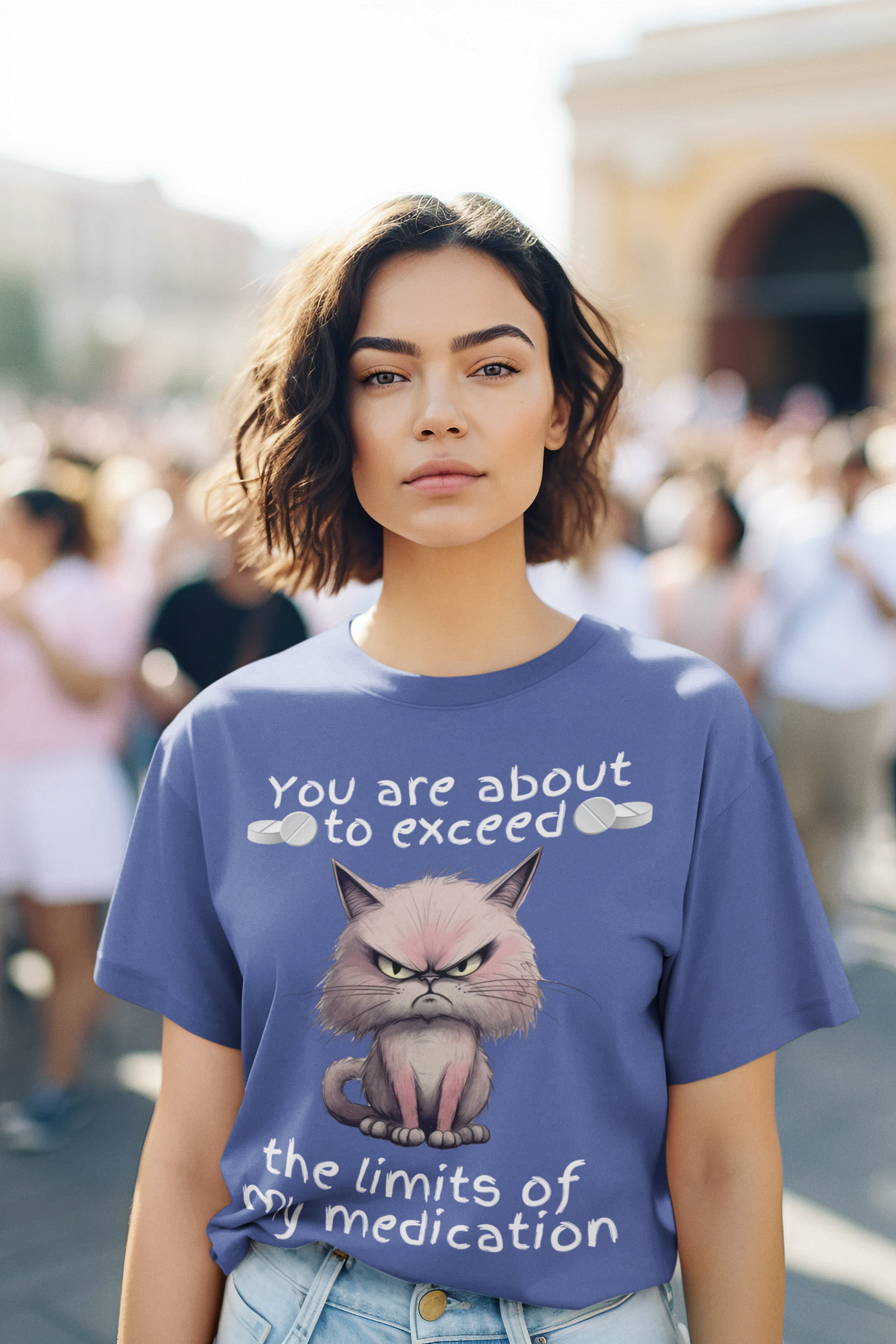 Young woman wearing heather royal blue funny cranky cat t-shirt with angry cartoon cat and sarcastic quote, ideal for cat lovers with a sense of humor