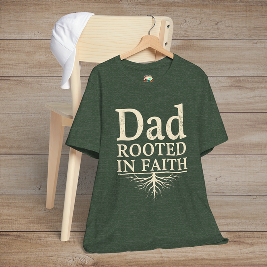 Dad Rooted in Faith” inspirational message on a soft heather forest green tee for dads
