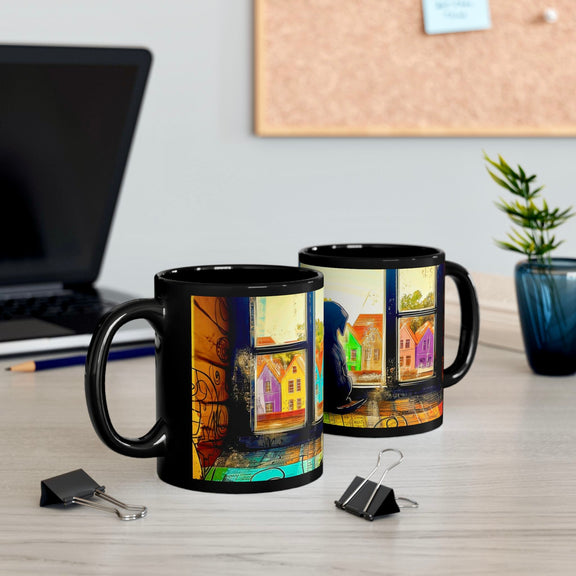 Set of two black ceramic mugs with vibrant cityscape and black puppy design, displayed on an office desk with stationery