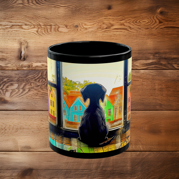 Black ceramic mug with black puppy illustration and vivid cityscape, 11 oz front-facing view
