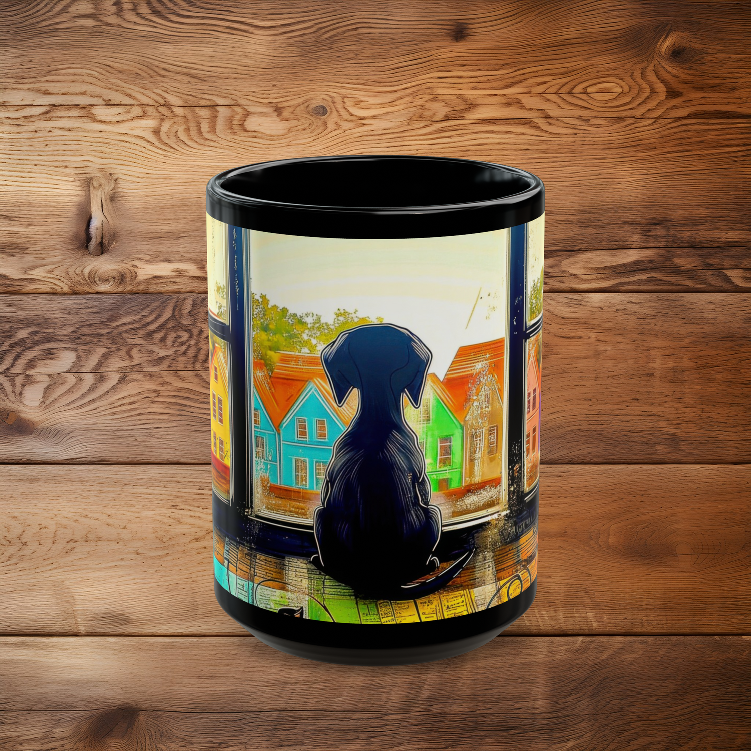 Black ceramic mug showcasing a black puppy looking at colorful row houses through a window, 15 oz front view