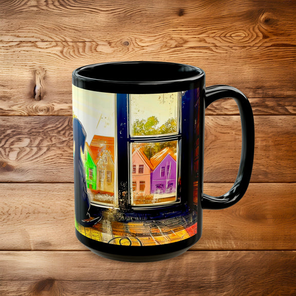 Black ceramic mug featuring a black puppy gazing out a window at colorful city houses, 15 oz right-hand view