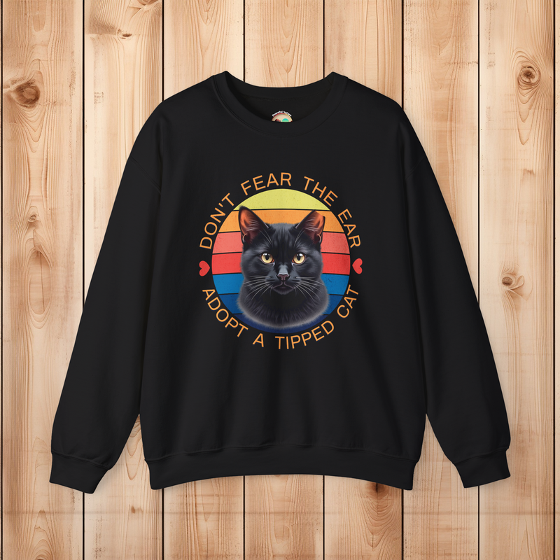 Black Bella Gildan 18000 sweatshirt, featuring black cat ear-tipped TNR design with retro sunset background.