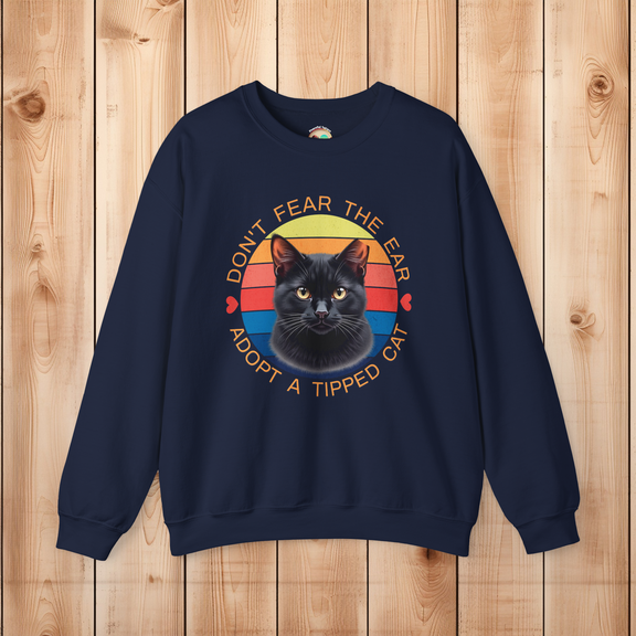Navy blue Gildan 18000 sweatshirt featuring black ear-tipped cat and retro rescue message.