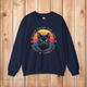 Navy blue Gildan 18000 sweatshirt featuring black ear-tipped cat and retro rescue message.