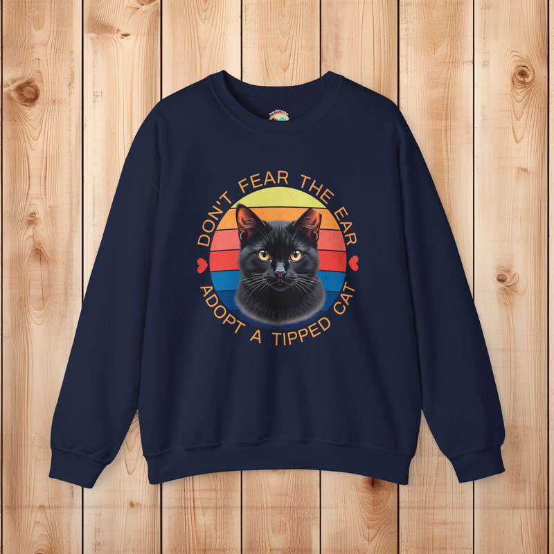 Navy blue Gildan 18000 sweatshirt featuring black ear-tipped cat and retro rescue message.