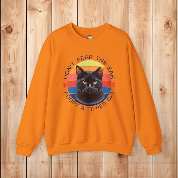 Safety orange Gildan 18000 sweatshirt, featuring black ear-tipped cat and retro rescue message.