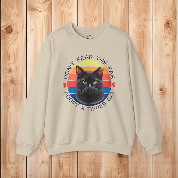 Sand-colored Gildan 18000 sweatshirt, featuring black ear-tipped cat and retro rescue message.