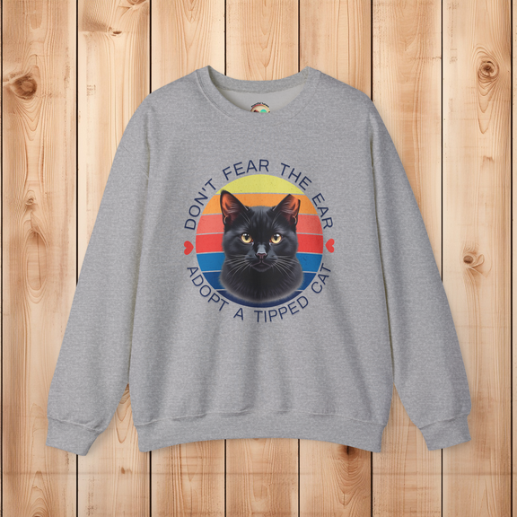 Athletic heather (heather grey) Gildan 18000 sweatshirt, featuring black ear-tipped cat and retro rescue message.