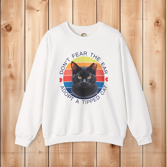 White Gildan 18000 sweatshirt featuring black ear-tipped cat and retro rescue message.