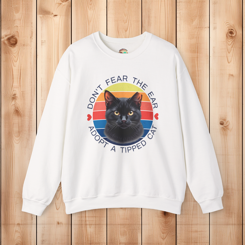 White Gildan 18000 sweatshirt featuring black ear-tipped cat and retro rescue message.