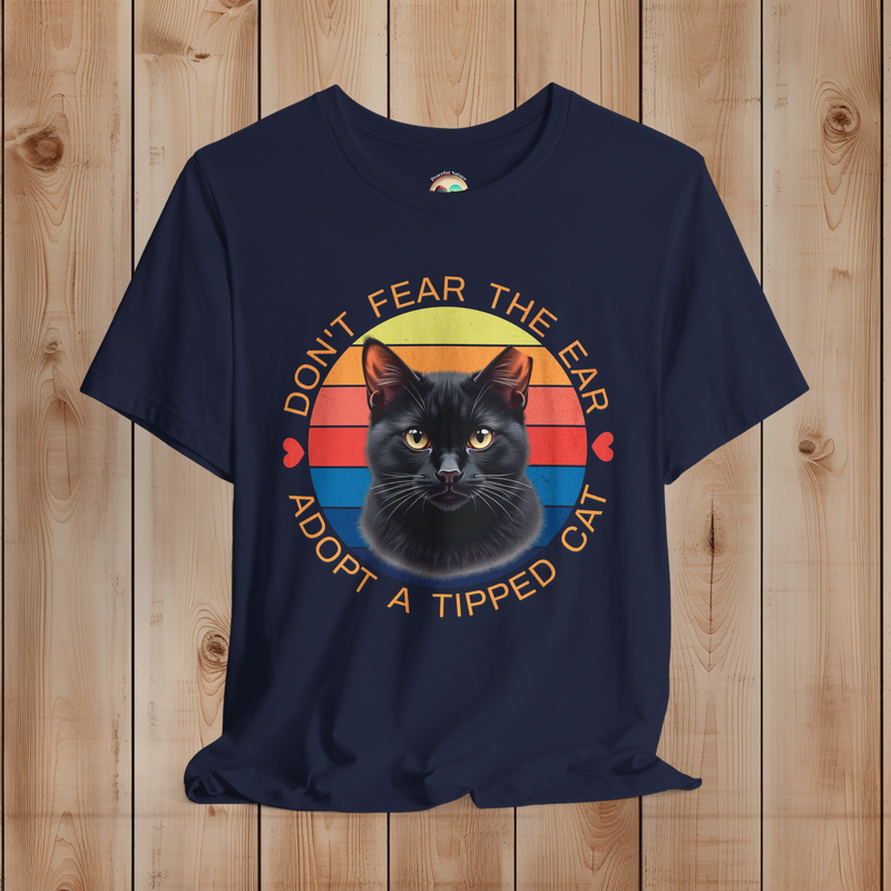 Navy Bella Canvas unisex t-shirt featuring black ear-tipped cat and retro rescue message