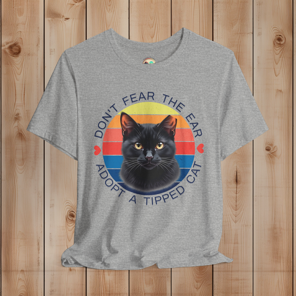 Athletic Heather Bella Canvas t-shirt with retro black cat “Don’t Fear the Ear – Adopt a Tipped Cat” TNR awareness design