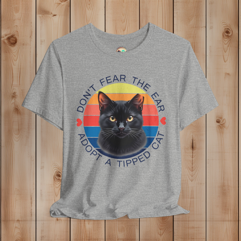 Athletic Heather Bella Canvas t-shirt with retro black cat “Don’t Fear the Ear – Adopt a Tipped Cat” TNR awareness design