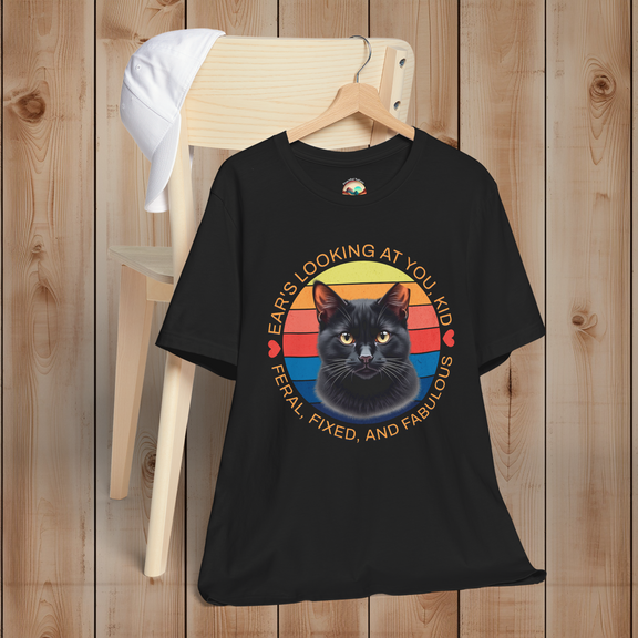 Black Ear’s Looking at You Kid TNR cat shirt with retro ear-tipped black cat design, Bella Canvas 3001 flatlay