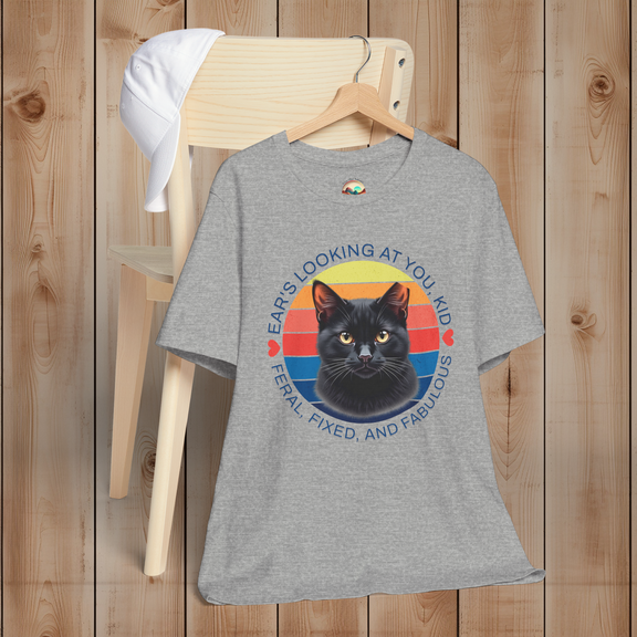Gray Ear’s Looking at You Kid TNR cat shirt with retro ear-tipped black cat design, Bella Canvas 3001 flatlay.