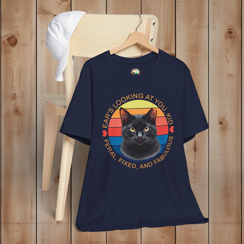 Navy blue Ear’s Looking at You Kid TNR cat shirt with retro ear-tipped black cat design, Bella Canvas 3001 flatlay.