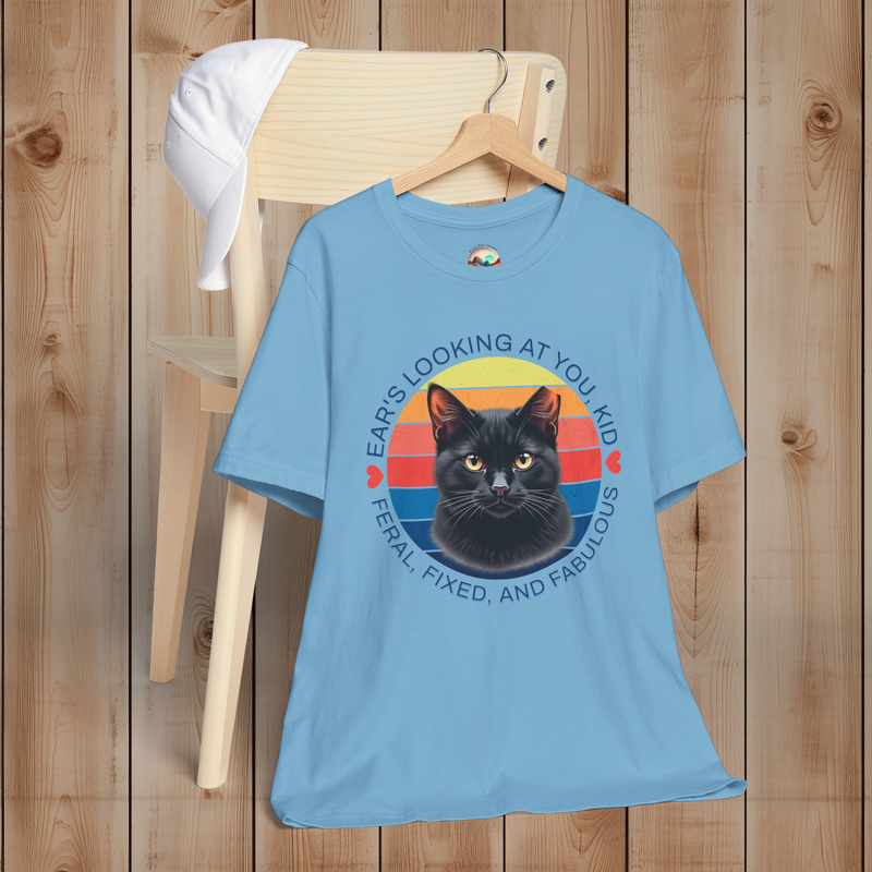 Ocean blue Ear’s Looking at You Kid TNR cat shirt with retro ear-tipped black cat design, Bella Canvas 3001 flatlay.