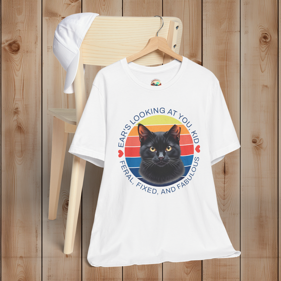 White Ear’s Looking at You Kid TNR cat shirt with retro ear-tipped black cat design, Bella Canvas 3001 flatlay.