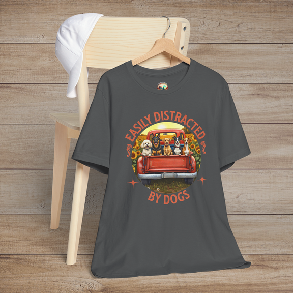 🐾 Easily Distracted By Dogs – Retro Pickup Truck Graphic Tee Asphalt
