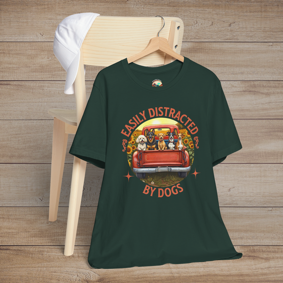 🐾 Easily Distracted By Dogs – Retro Pickup Truck Graphic Tee Forest
