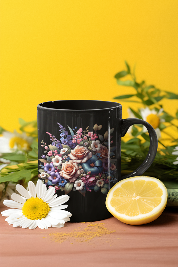 11 oz black ceramic mug featuring a colorful floral bouquet design, placed next to a sliced lemon on a kitchen counter