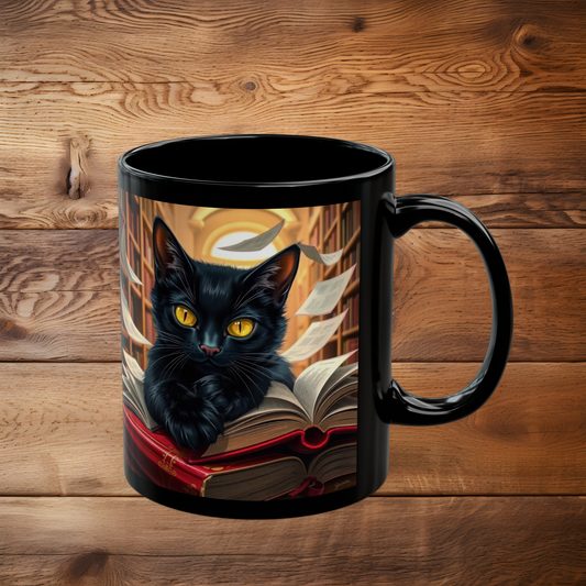 11 oz black ceramic mug showing a mystical black cat perched on a stack of books with golden pages floating through an enchanted library (right side)