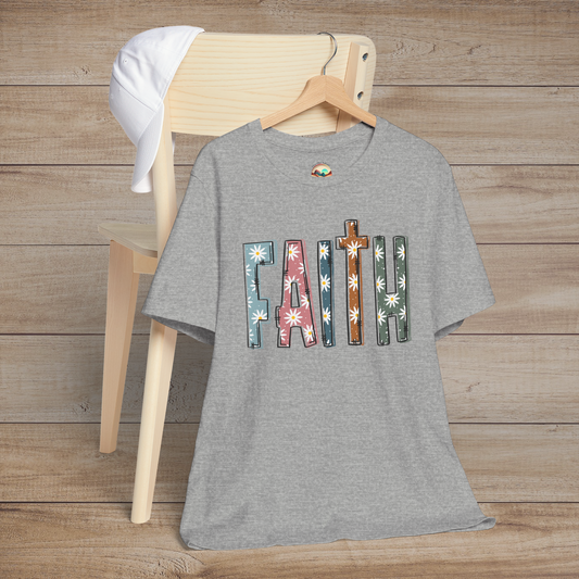 Heather grey (athletic heather) premium fit t-shirt featuring vintage floral “FAITH” design, styled with a white cap