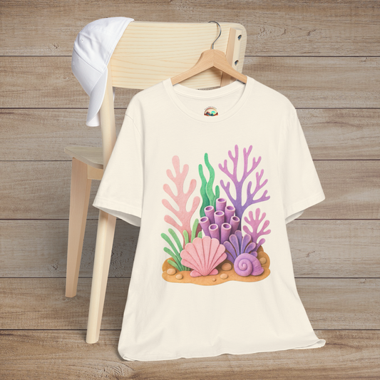 Felt-style coral reef design on a natural unisex t-shirt