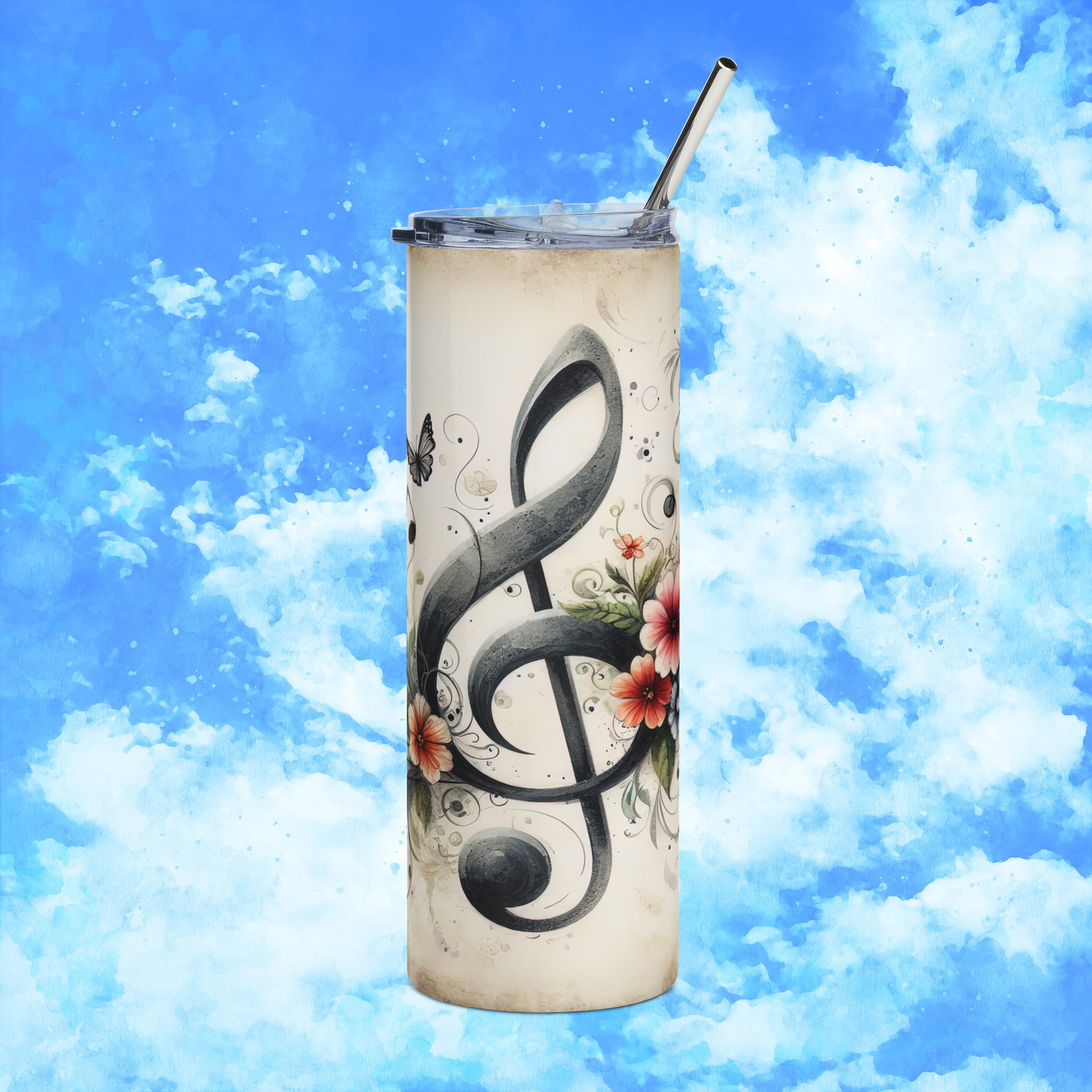 Front view of Floral Music Note 20oz stainless-steel tumbler featuring treble clef surrounded by pink and red flowers on ivory background – Peaceful Nature Designs