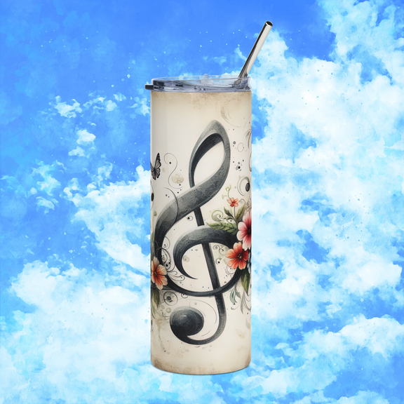 Front view of Floral Music Note 20oz stainless-steel tumbler featuring treble clef surrounded by pink and red flowers on ivory background – Peaceful Nature Designs
