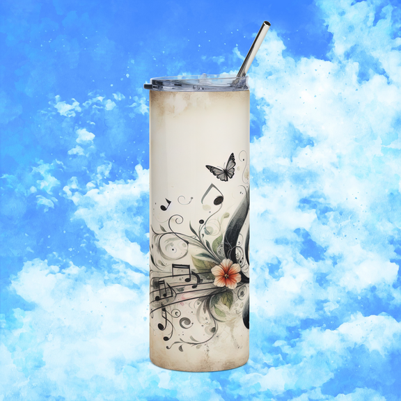 Left side of Floral Music Note 20oz stainless-steel tumbler showing butterflies, floral accents, and musical notes – artistic drinkware for musicians.