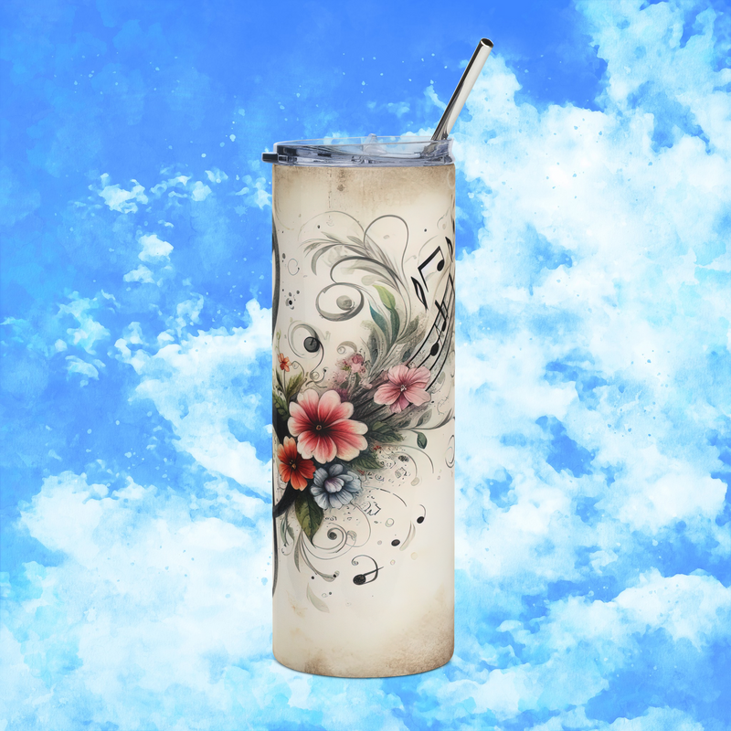 Right side of Floral Music Note 20oz stainless-steel tumbler featuring blooming flowers, swirling notes, and artistic music-inspired design – Peaceful Nature Designs.