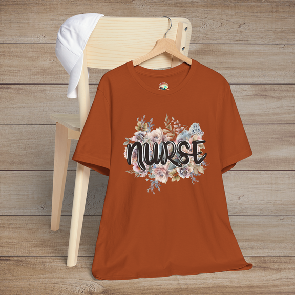 Autumn-colored Nurse Floral Premium Fit T-Shirt displayed on hanger, featuring elegant pastel flowers and black script lettering