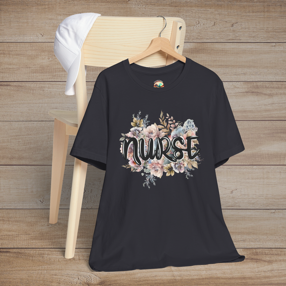 Dark grey Nurse Floral Premium Fit T-Shirt on hanger, decorated with delicate pastel floral bouquet and stylish nurse lettering