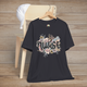 Dark grey Nurse Floral Premium Fit T-Shirt on hanger, decorated with delicate pastel floral bouquet and stylish nurse lettering